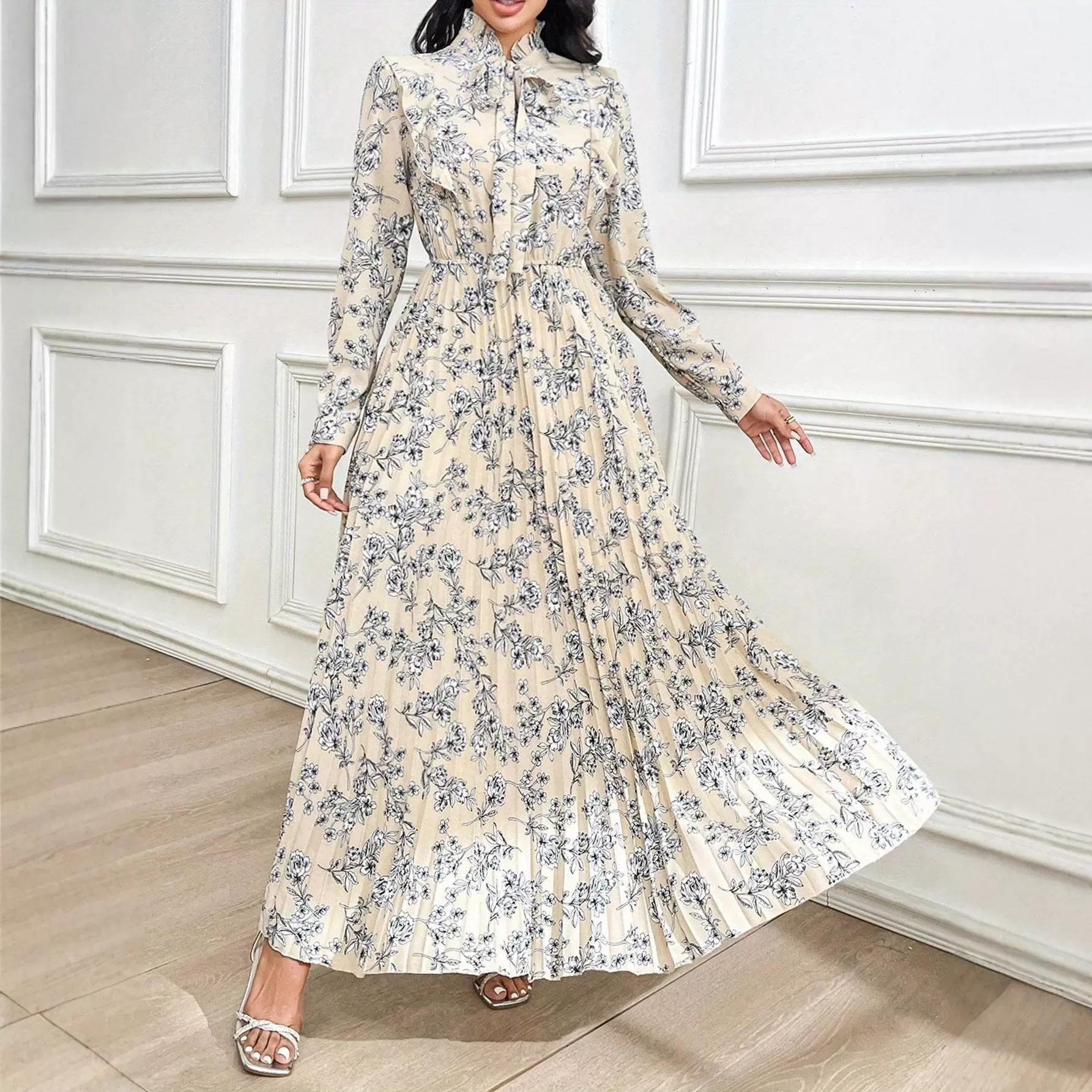 跨境浅色碎花设计感收腰A字长款大码连衣裙新款甜美洋气显瘦裙子