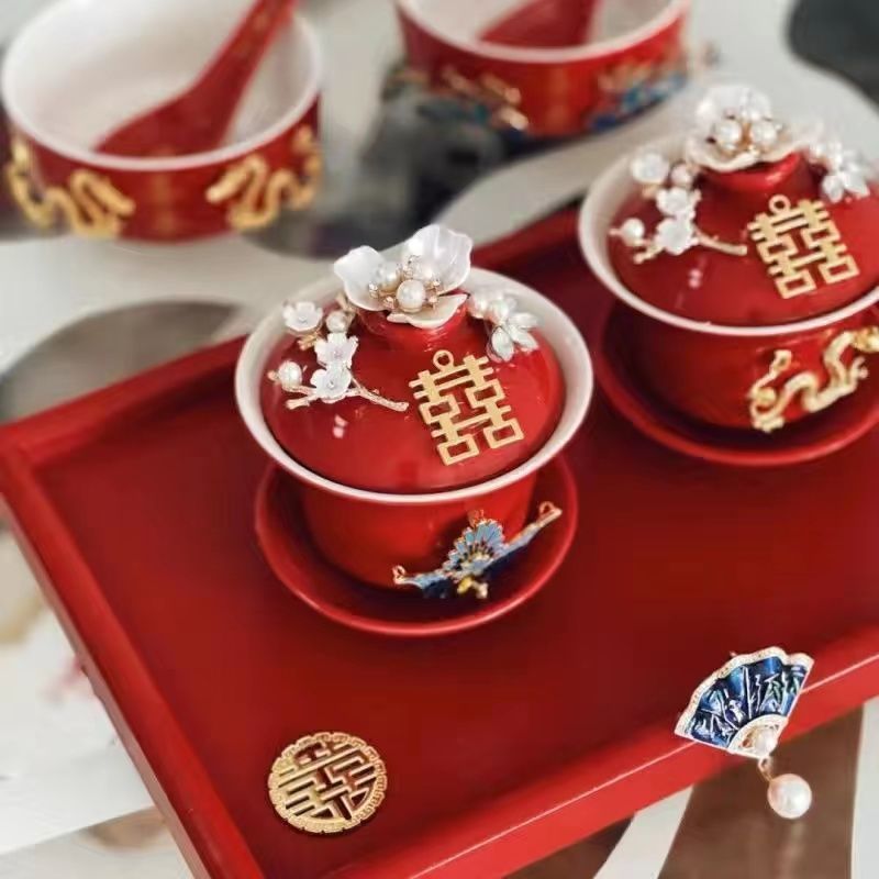 Taza de té Lian Lianqing, suministros de boda, copas de cerámica hechas a mano, cubierta de cerámica, suministros de boda