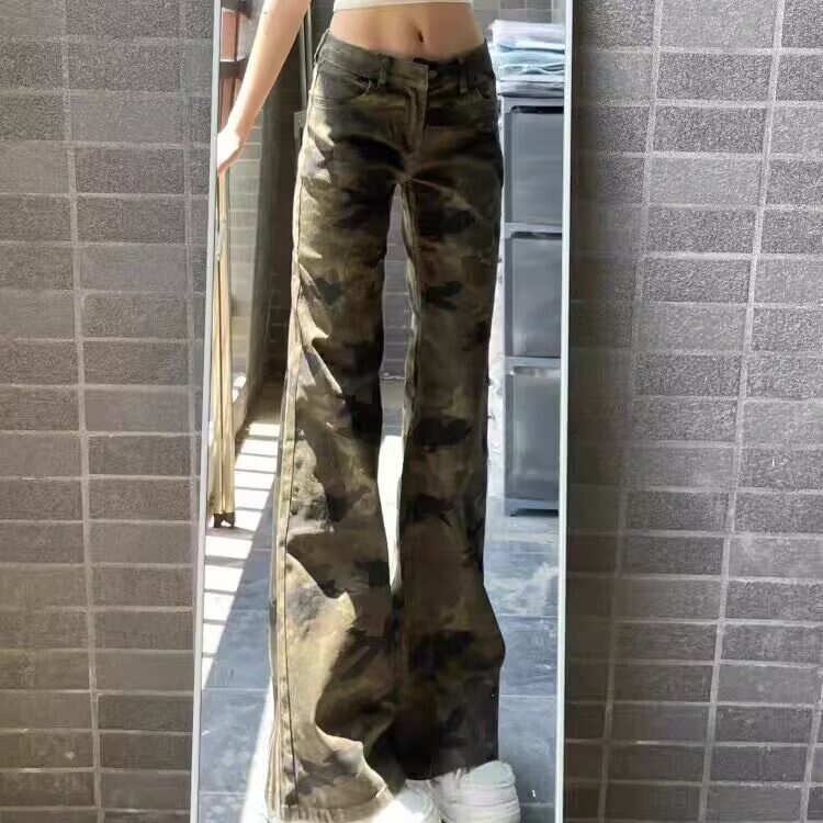 Camouflage Flared Jeans for Women, Summer Hot-Selling Street Style, Versatile Korean Version, Low-Waist, Slimming, Figure-Flattering Straight-Leg Pants