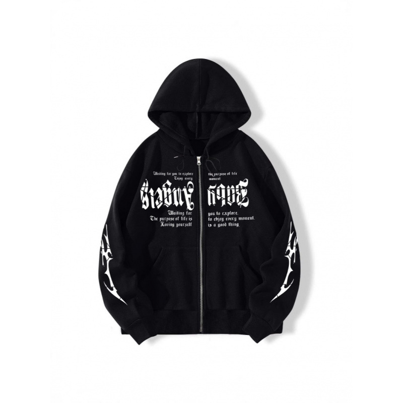 2024 New European Size Women's Dropped Shoulder Sleeves Threaded Oversize Zip Hoodie Sweatshirt Hoodie Printed Embroider