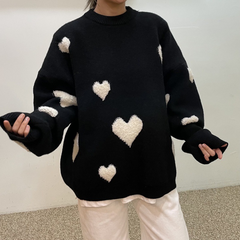 韩版秋冬复古减龄可爱心形提花宽松圆领长袖针织毛衣2色
