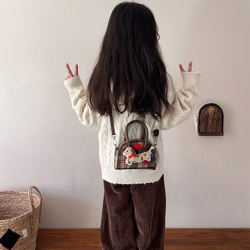 Caricatura lindo peluche cachorro bebé bolso mini pequeño bolso de hombro para niños y niñas nuevo bolso de niños a cuadrícula