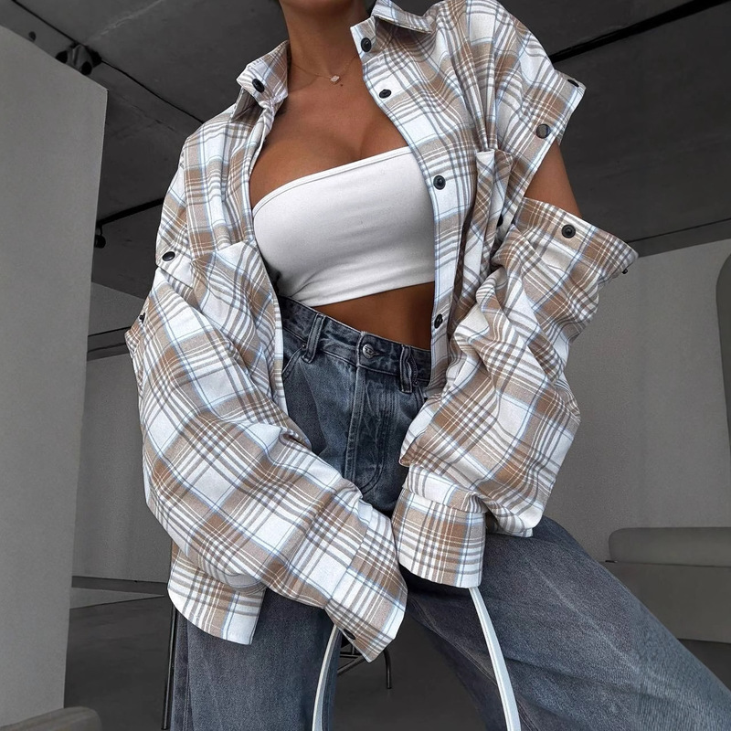 Cross-Border 2026 Spring American Plaid Detachable Long and Short Sleeve Large Pocket Top Retro Fashion Plaid High-End Feel