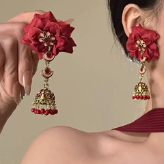 银针民族风复古红色布艺花朵流苏耳环轻奢高级感耳钉时尚夸张耳饰