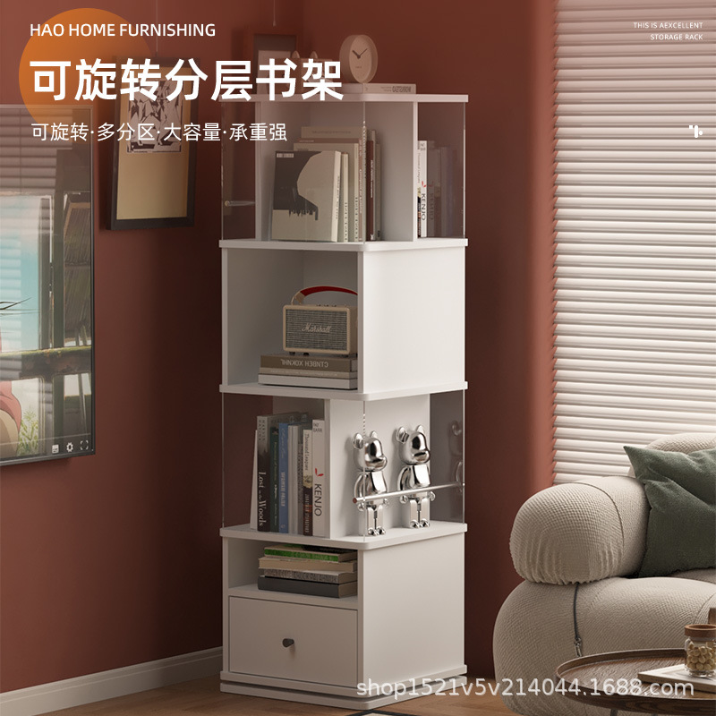 Rotating Bookshelf Living Room Magazine Book Storage Rack Student Study Bedroom Storage Rack with Drawer Rotating Bookcase