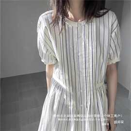 厂家直销特大码300斤法式条纹短袖连衣裙女夏收腰显瘦气质衬亚麻