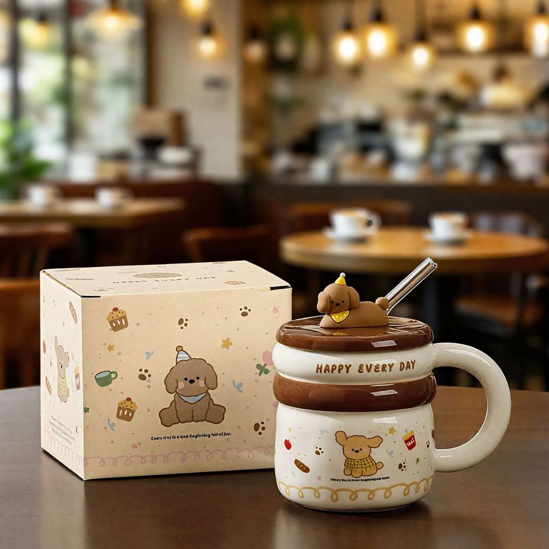 高颜值可爱陶瓷马克杯家用咖啡杯生日礼物杯子小狗吸管杯新款水杯|undefined