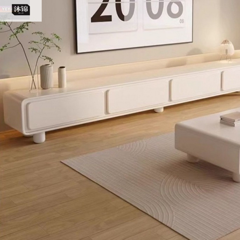 All Solid Wood Tv Cabinet Modern Minimalist Style Coffee Table Combination Living Room Home Small Apartment Floor-Standing Cream Style White Simple