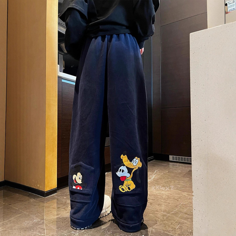 Cute and Sweet Cartoon Mickey Fleece-Lined Sweatpants for Women Autumn and Winter 2025 New Loose Straight Casual Wide-Leg Pants for Women