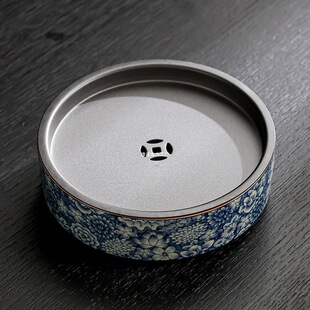 Old Pottery Clay Blue and Flower Tea Tray Drain Water Dry Soaking Table Small Household Kung Fu Coffee Table Mini Water Storage Bottle Round Tray