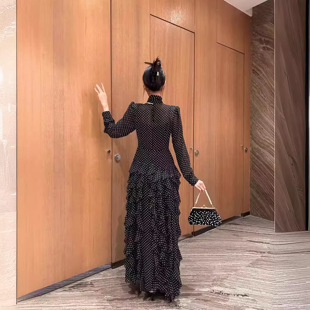 Elegant Women Long Sleeve Stand-up Collar Bow Polka Dot Print Waistline  Dresses