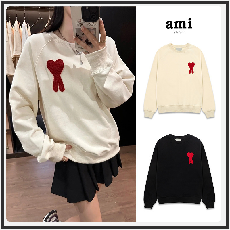 Cross-Border Ami Sweatshirt 25Ss Autumn and Winter New Towel Embroidered Big Heart Round Neck Pullover Pure Cotton High Weight Women's Long Sleeves