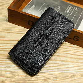 跨境真皮男士长款钱包狼头软皮黑色钱夹大钞零钱鳄鱼背男士手拿包