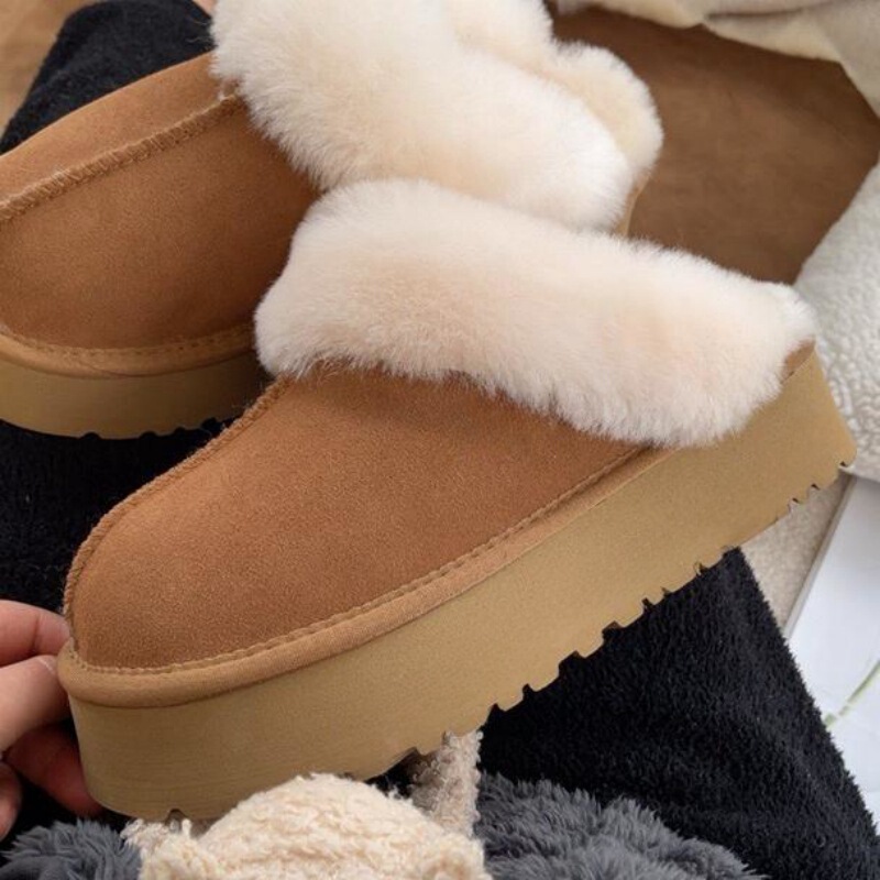 Qian Songyi Winter Thick Slippers Women's Cowhide Wool Height-Increased Genuine Leather fleece-lined Warm Shoes Casual Snow Boots Thickened