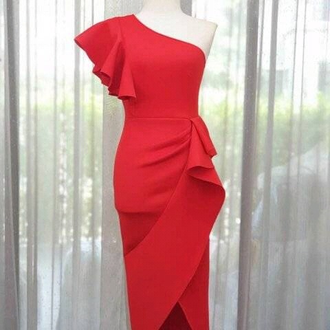 9907/2 Gao Ding Socialite Stereo Ruffled Shoulder Slim Dress Irregular dress