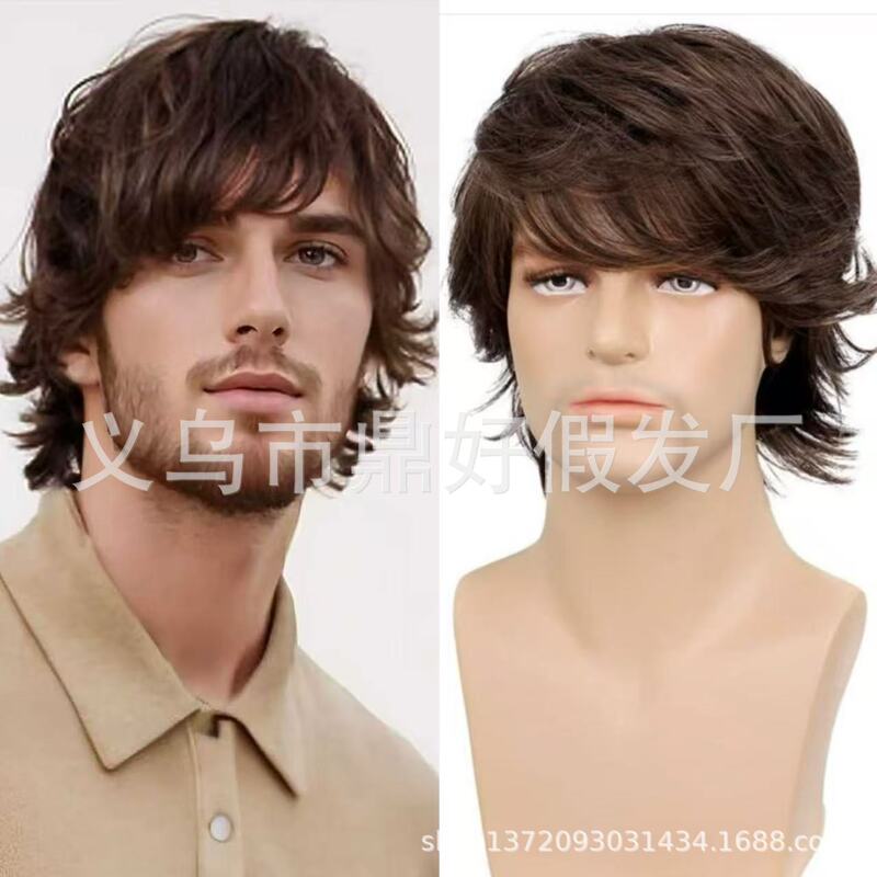 Men's Wig Dark Brown Men's Short Hair Reverse Curl Men's Hair Natural Curly Brown Fashion Styling Manufacturer Ready-Made Wigs