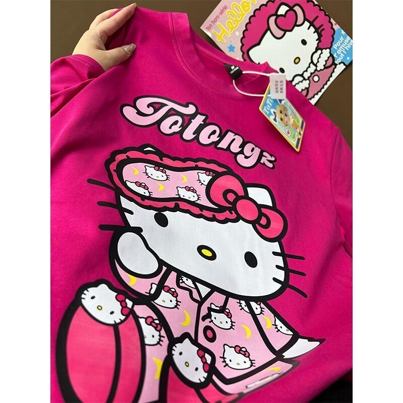 Extra Large Size 150kg Dopamine-Themed Kitty Cat Print Pure Cotton Short-Sleeve T-Shirt for Women, Summer Half-Sleeve Couple's Top