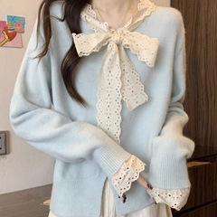 奶呼呼蓝色蝴蝶结针织衫女装秋冬季内搭打底衫独特别致超好看上衣