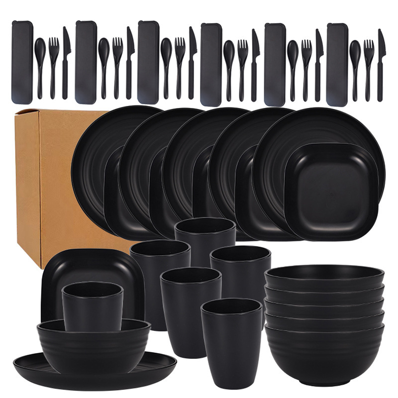 Cross-border Hot Selling Amazon Portable Tableware Knife and Fork Spoon Wheat Straw Bowl and Dish Plate Water Cup Outdoor 6-person suit