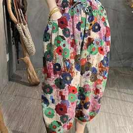 跨境东南亚虾皮2025时尚洋气花朵九分裤休闲阔腿哈伦萝卜裤女