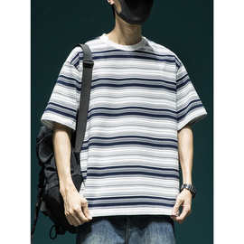 日系复古经典条纹短袖T恤男宽松休闲新款圆领拼色套头上衣服
