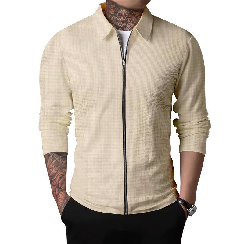Cross-Border Herbstkollektion 2026: Lässiger Herren-Cardigan mit Reißverschluss, langen Ärmeln, Umlegekragen und Waffelpiqué._voghion.com