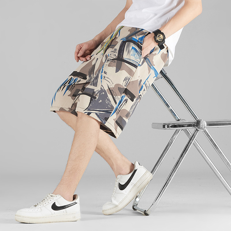 Pantalones de playa de verano, pantalones cortos sueltos para hombres, pantalones grandes de moda, pantalones casuales de hip-hop ligeros, pantalones de cinco puntos de secado rápido