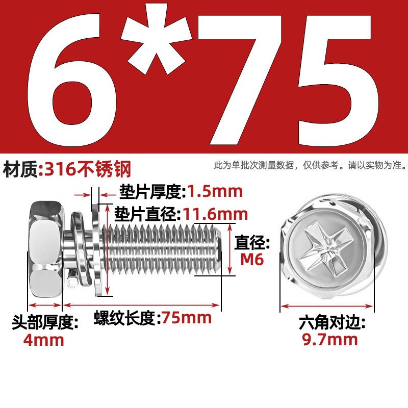 Болт комбинированный Tianzhuo Hardware M6x75 сталь 316