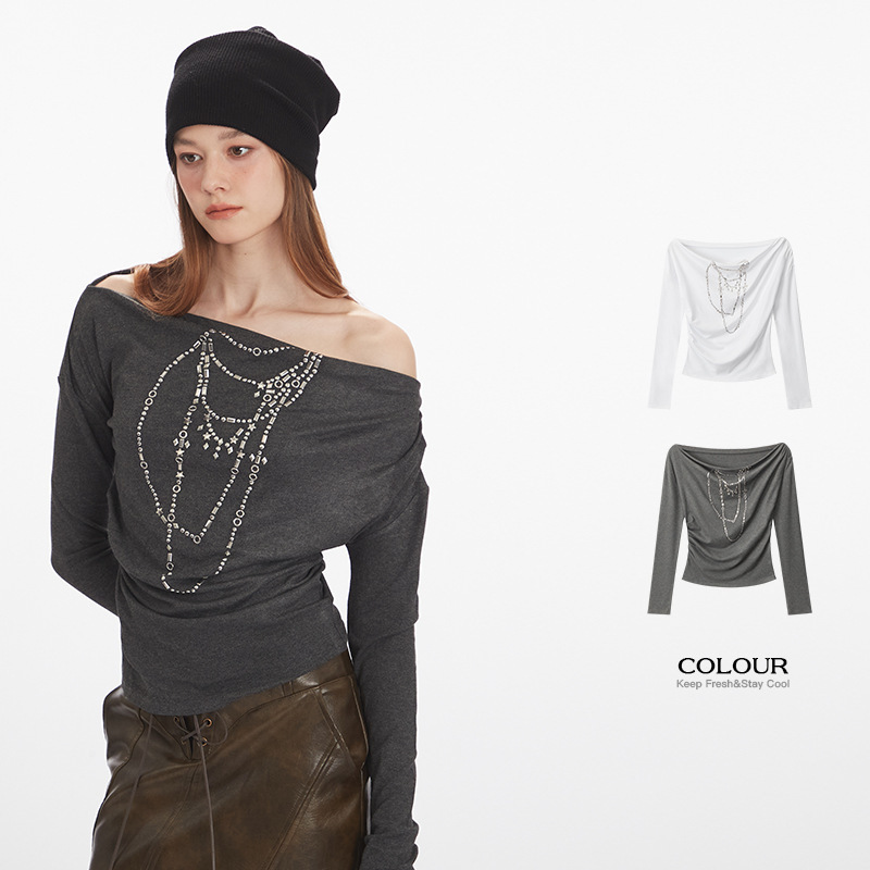 Heyhenry Necklace American-Style Off-Shoulder Long-Sleeve T-Shirt for Women, Autumn Slim-Fit Trendy Top
