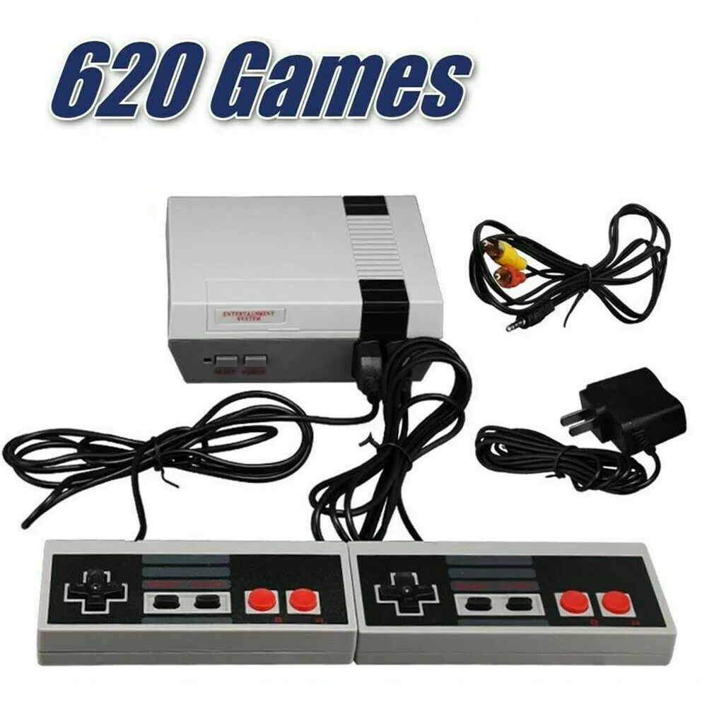 Retro NES mini game console, 8‑bit, 620 built‑in games, AV out, 2 wired controllers, regional power