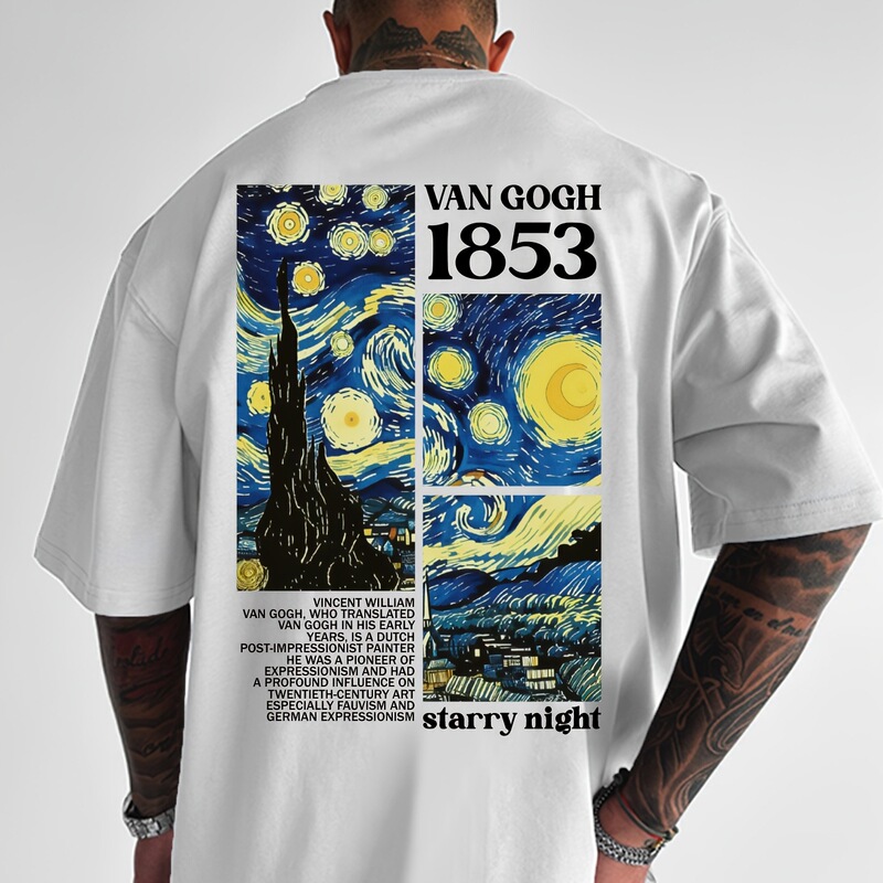Men's Summer Pure Cotton Fashion Casual Loose-Fitting Van Gogh Famous Painting Print Round Neck Short-Sleeve T-Shirt Cartoon
