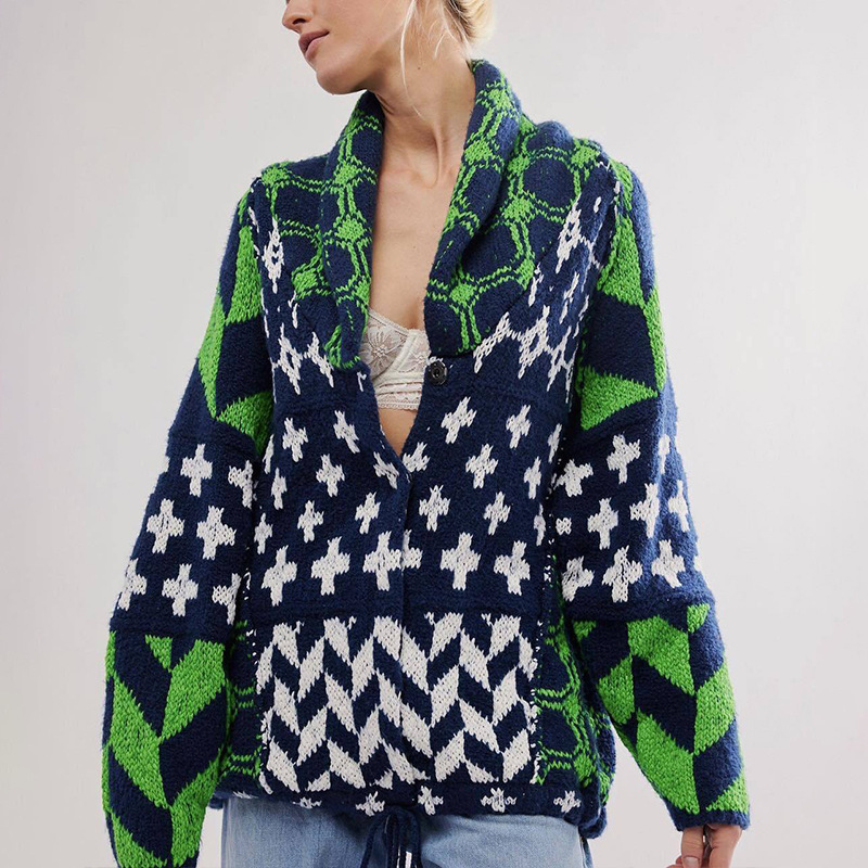 2024 Cross-Border European and American Autumn and Winter Knitwear Y2K Abstract Print Lapel Loose Long-Sleeved Knitted Sweater Jacket 2024 Cross-Border European and American Autumn and Winter Knitwear Y2K Abstract Print Lapel Loose Long-Sleeved Knitted Sweater Jacket