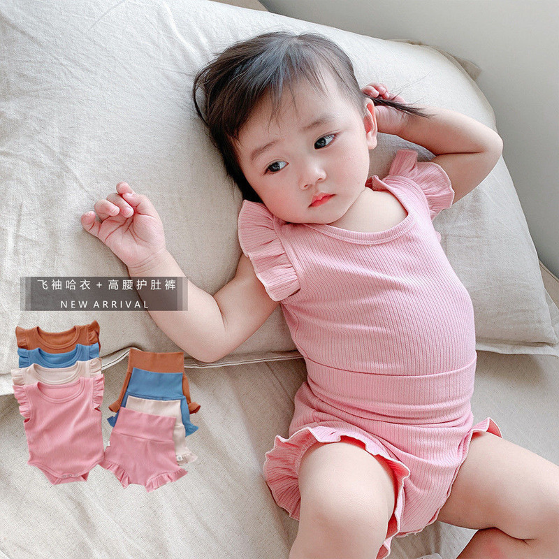 Baby romper summer children's home wear suit baby girl's wooden ear top girls' high waist belly protection two-piece suit