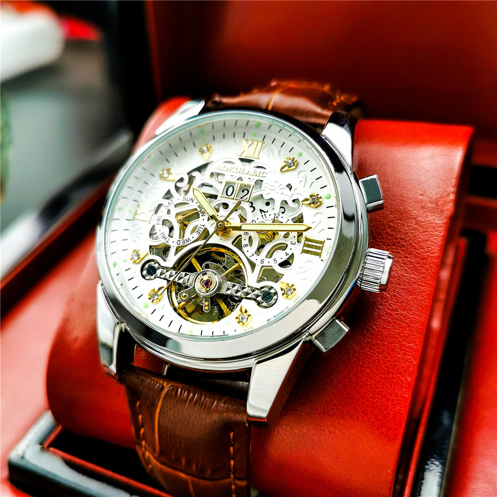 AOKULASIC/ogulas hombres rhinestone reloj mecánico automático hueco doble calendario multifuncional reloj de correa de acero