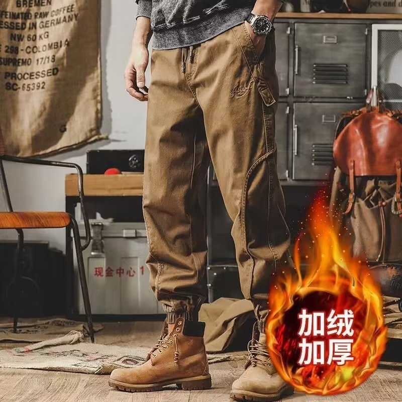 American Heavy Retro Work Pants Men's Winter Velvet Loose Large Size Casual Pants Wide Leg Leggings Harem Pants