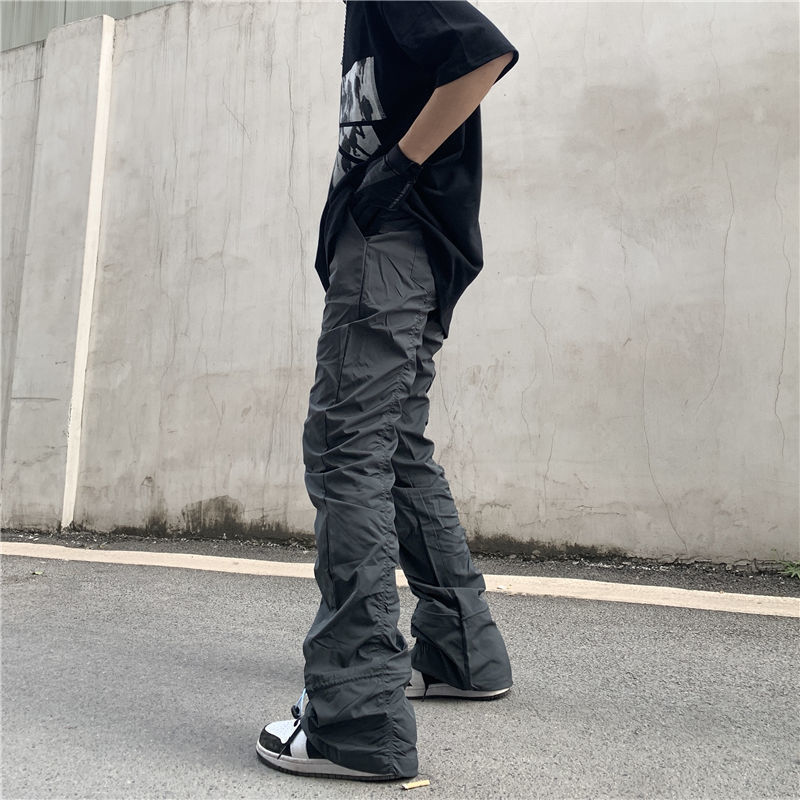 High Street Functional Vibe Style Folded Stacked Micro Horn Long Pants for Men's American Slim Fit Street Instagram Versatile Casual Pants_voghion.com