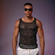 欧美男装渔网背镂空吊带背心男士感透视亮片蹦迪服衣夜店演出服装