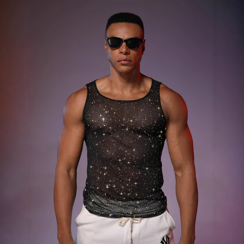 European and American Men's Fishnet Back Hollow Camisole Men's Sexy See-Through Sequin Disco Clothing Nightclub Performance Clothing