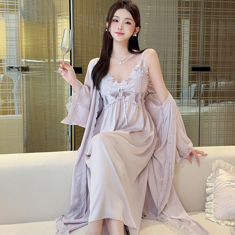 French-Style Ice Silk Pajamas for Women, Spring and Autumn Long Dress Robe Two-Piece Set, Summer Sexy Backless Long Nightgown with Chest Pads