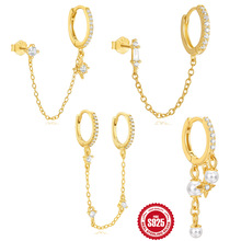 新款S925纯银八芒星镶钻流苏链条耳钉耳圈耳饰女欧美热销珍珠耳饰