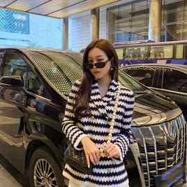 深圳南油原单工厂私渠2021精品小香风条纹西装领羊绒针织衫外套女