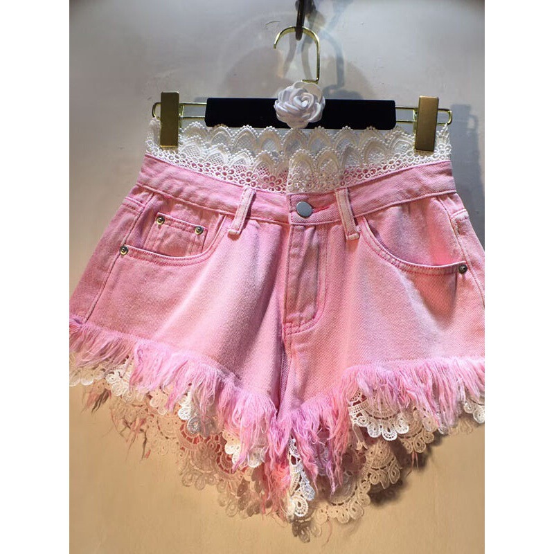 European Station 2026 Summer New Style Patchwork Crochet Lace High-Waisted Slimming Fringed Denim Shorts Hot Pants for Women European Station 2026 Summer New Style Patchwork Crochet Lace High-Waisted Slimming Fringed Denim Shorts Hot Pants for Women
