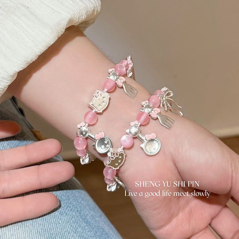 Cute and Adorable Silver Cat Spoon and Fork Bracelet, Sweet Girly Bracelet, Fashionable and Exquisite Niche Design, Versatile Hand Accessory