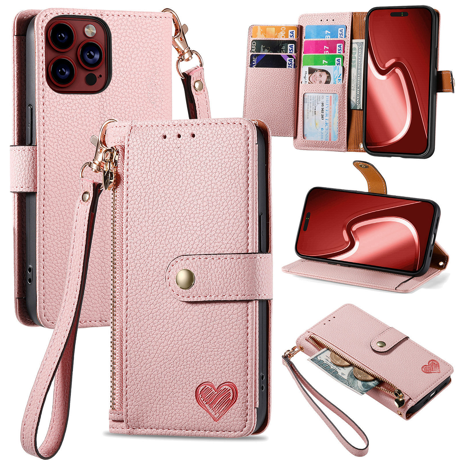109g Weight iPhone Applicable Brands Phone Cases Classification tpu, Pu Leather Material Heart Shape, Solid Color Pattern Basic Style Heart Shape Solid Color Tpu Pu Leather Wallets 38