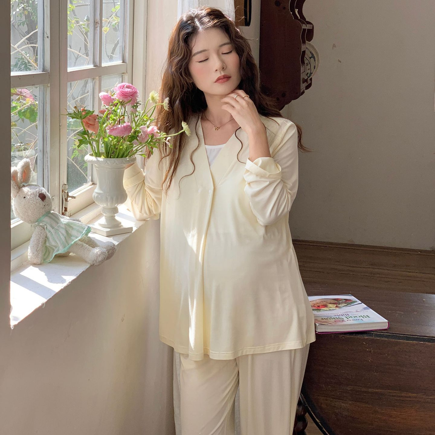 [in stock 6336 with chest pad] monthly modal spring and autumn postpartum pregnant women nursing pajamas summer home clothes