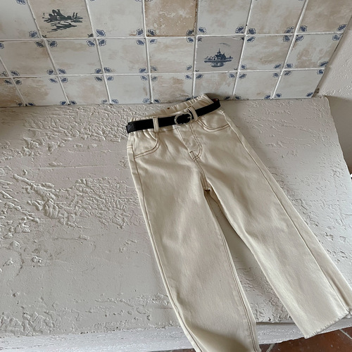 Yuyu Princess Children's Spring New Japanese Elastic Casual Pants for Girls, Off-White Straight Leg Pants, Nine-Foot Jeans