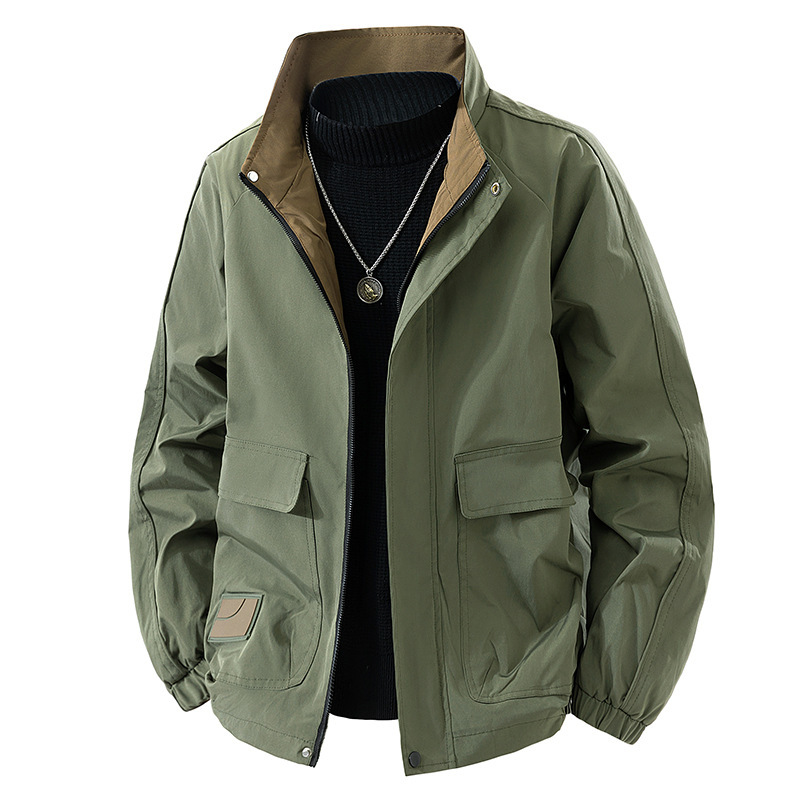 Men's Stand Collar Work Jacket with Contrast Lining, Multi-Pocket Loose Fit Coat, Autumn and Winter Casual Windproof Men's Top