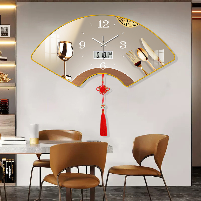 2025 New Fan-Shaped Wall Clock Creative Crystal Porcelain Painting Quartz Clock Silent Punch-Free Living Room New Chinese Style Clock Wall Hanging