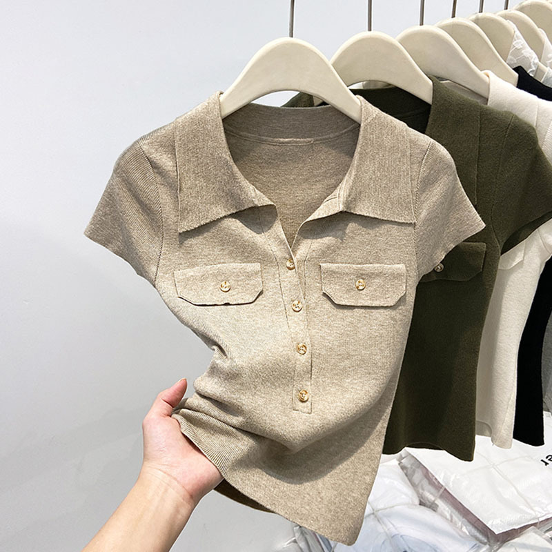 Women's Slim Fit Collared Knit Sweater Short Top Petite Fashionable Summer 2026 New Style Knitted Sweaters_ecoleips.com