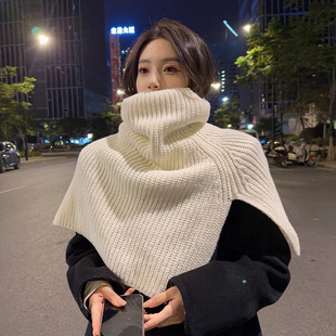 Shawl Women's Autumn and Winter Outer Wearable Warm Pullover Scarf High Neck Knitted Shoulder Korean Style Western Style Split Scarf Poncho